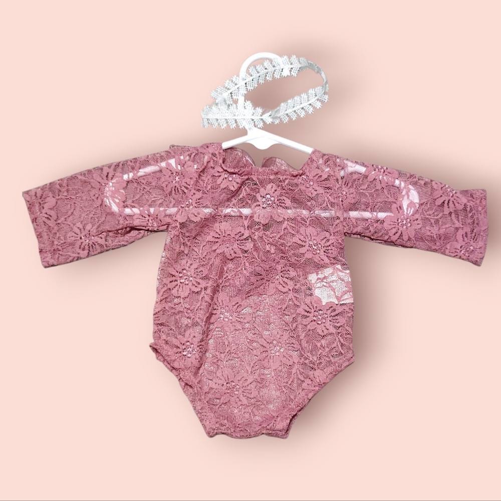 Pink Floral Lace Onesie With Bow And Headband (0-1M) Newborn Baby Girl